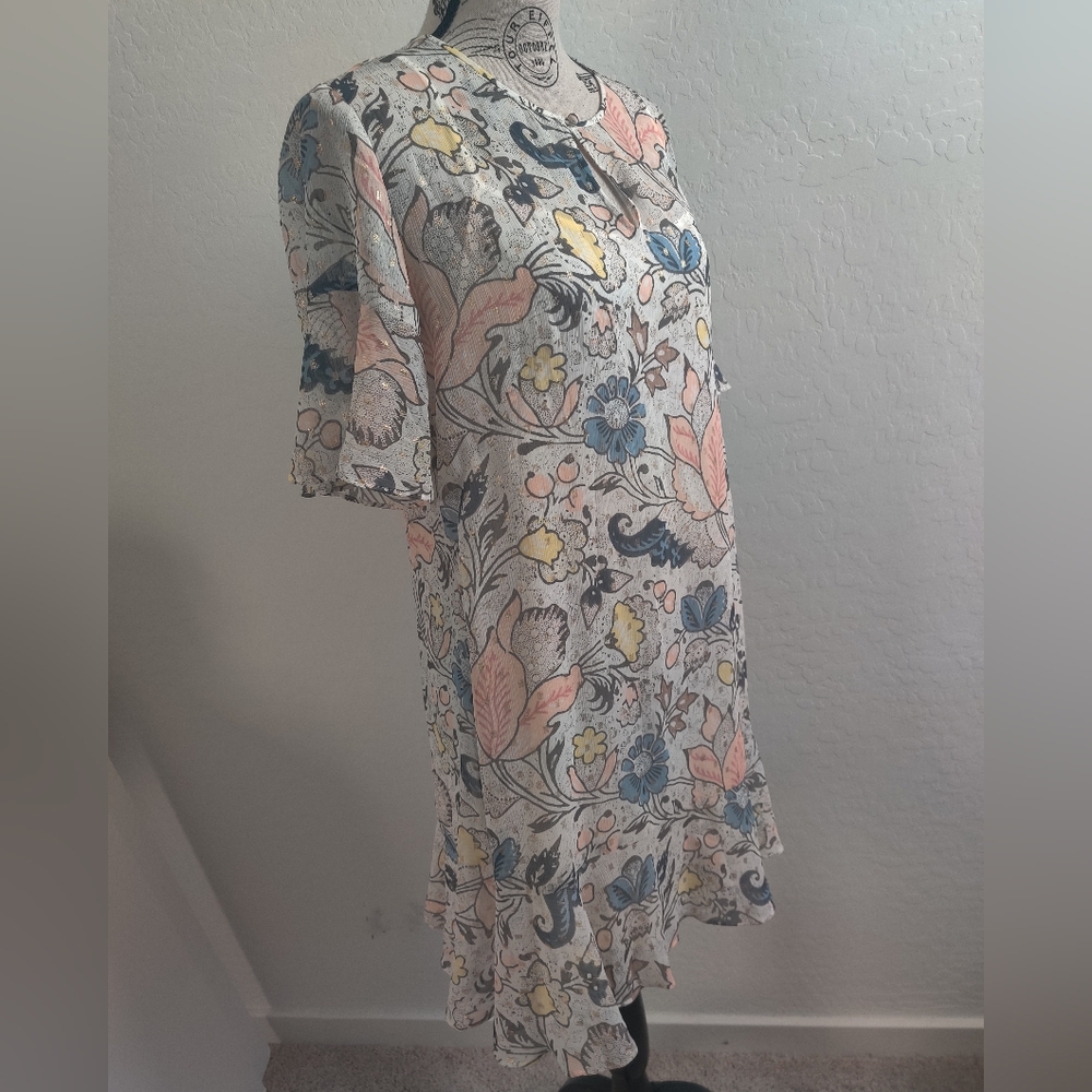 Ann Taylor LOFT Blue & Pink Pastel Casual Floral Midi Dress Vacation_Medium